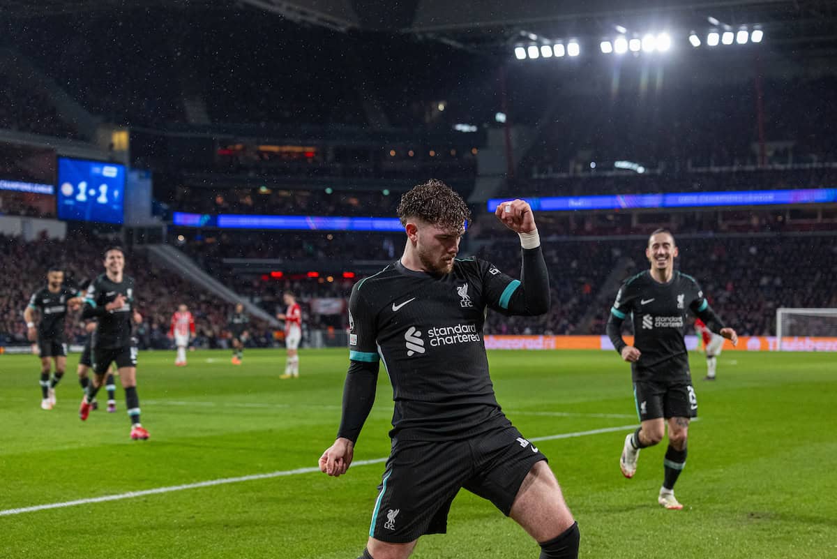 EINDHOVEN, NETHERLANDS - Wednesday, January 29, 2025: Liverpool's Harvey Elliott celebrates after scoring the second goal during the UEFA Champions League Matchday 8 game between PSV Eindhoven and Liverpool FC at the Philips Stadion. (Photo by David Rawcliffe/Propaganda)