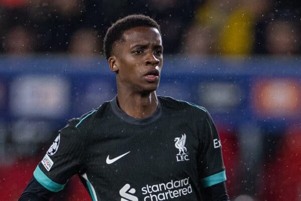EINDHOVEN, NETHERLANDS - Wednesday, January 29, 2025: Liverpool's Trey Nyoni during the UEFA Champions League Matchday 8 game between PSV Eindhoven and Liverpool FC at the Philips Stadion. (Photo by David Rawcliffe/Propaganda)