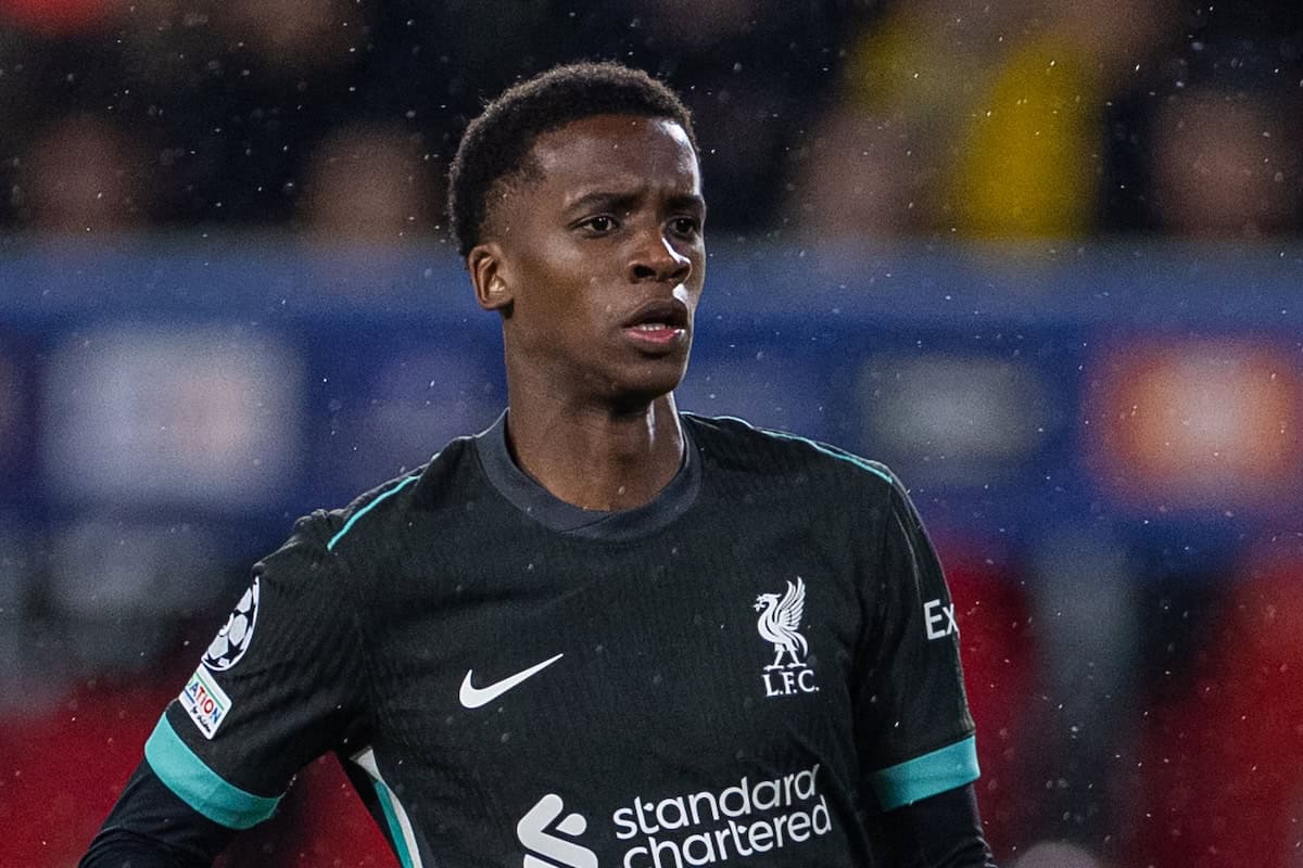 EINDHOVEN, NETHERLANDS - Wednesday, January 29, 2025: Liverpool's Trey Nyoni during the UEFA Champions League Matchday 8 game between PSV Eindhoven and Liverpool FC at the Philips Stadion. (Photo by David Rawcliffe/Propaganda)