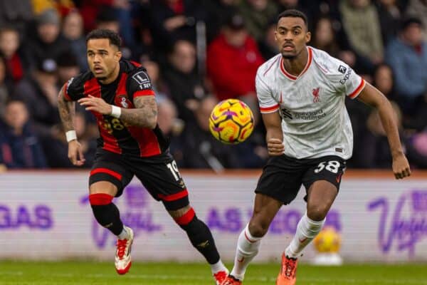 BOURNEMOUTH, ENGLAND - Saturday, February 1, 2025: Liverpool's Ryan Gravenberch during the FA Premier League match between AFC Bournemouth and Liverpool FC at Dean Court. (Photo by David Rawcliffe/Propaganda)