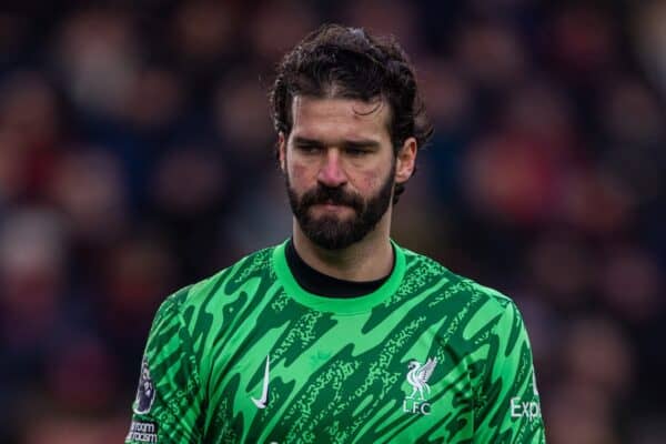 BOURNEMOUTH, ENGLAND - Saturday, February 1, 2025: Liverpool's goalkeeper Alisson Becker during the FA Premier League match between AFC Bournemouth and Liverpool FC at Dean Court. (Photo by David Rawcliffe/Propaganda)