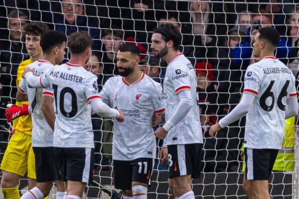 BOURNEMOUTH, ENGLAND - Saturday, February 1, 2025: Liverpool's Mohamed Salah celebrates after scoring the first goal from a penalty kick during the FA Premier League match between AFC Bournemouth and Liverpool FC at Dean Court. (Photo by David Rawcliffe/Propaganda)