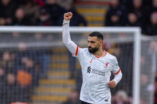 BOURNEMOUTH, ENGLAND - Saturday, February 1, 2025: Liverpool's Mohamed Salah celebrates after scoring the first goal from a penalty kick during the FA Premier League match between AFC Bournemouth and Liverpool FC at Dean Court. (Photo by David Rawcliffe/Propaganda)