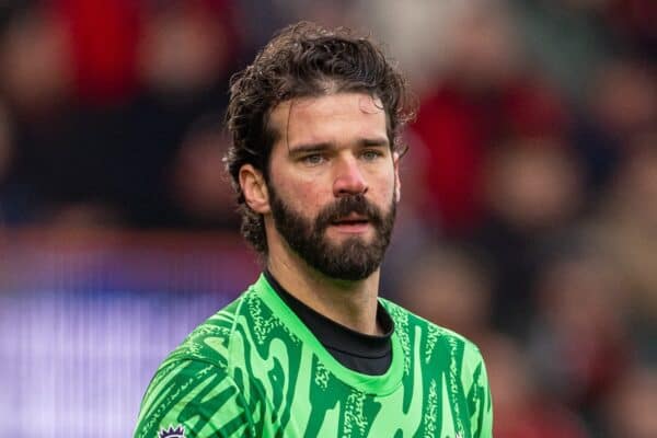BOURNEMOUTH, ENGLAND - Saturday, February 1, 2025: Liverpool's goalkeeper Alisson Becker during the FA Premier League match between AFC Bournemouth and Liverpool FC at Dean Court. (Photo by David Rawcliffe/Propaganda)