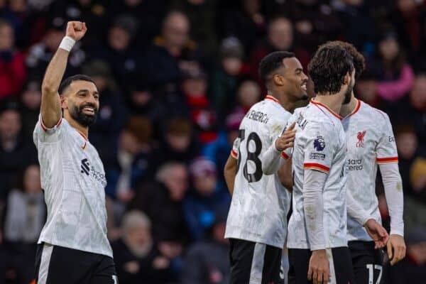 BOURNEMOUTH, ENGLAND - Saturday, February 1, 2025: Liverpool's Mohamed Salah celebrates after scoring the second goal during the FA Premier League match between AFC Bournemouth and Liverpool FC at Dean Court. (Photo by David Rawcliffe/Propaganda)