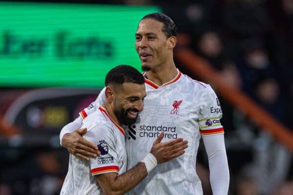BOURNEMOUTH, ENGLAND - Saturday, February 1, 2025: Liverpool's Mohamed Salah (L) celebrates with team-mate captain Virgil van Dijk after scoring the second goal during the FA Premier League match between AFC Bournemouth and Liverpool FC at Dean Court. (Photo by David Rawcliffe/Propaganda)