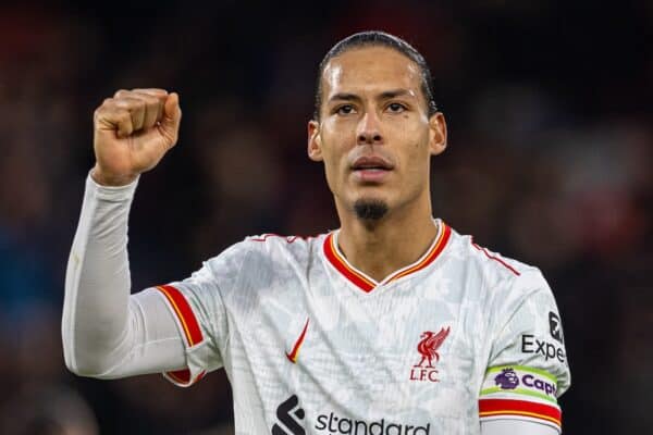 BOURNEMOUTH, ENGLAND - Saturday, February 1, 2025: Liverpool's captain Virgil van Dijk celebrates after the FA Premier League match between AFC Bournemouth and Liverpool FC at Dean Court. (Photo by David Rawcliffe/Propaganda)