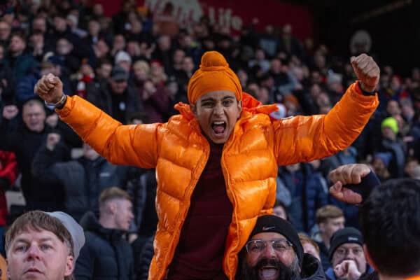 BOURNEMOUTH, ENGLAND - Saturday, February 1, 2025: Liverpool supporters celebrate after the FA Premier League match between AFC Bournemouth and Liverpool FC at Dean Court. (Photo by David Rawcliffe/Propaganda)