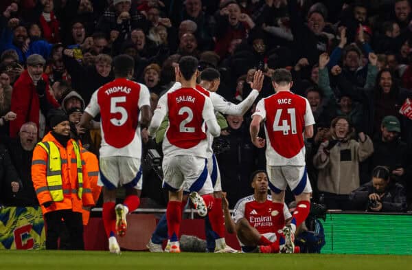 LONDON, ENGLAND - Sunday, February 2, 2025: Arsenal's Myles Lewis-Skelly celebrates after scoring the third goal during the FA Premier League match between Arsenal FC and Manchester City FC at the Emirates Stadium. (Photo by David Rawcliffe/Propaganda)