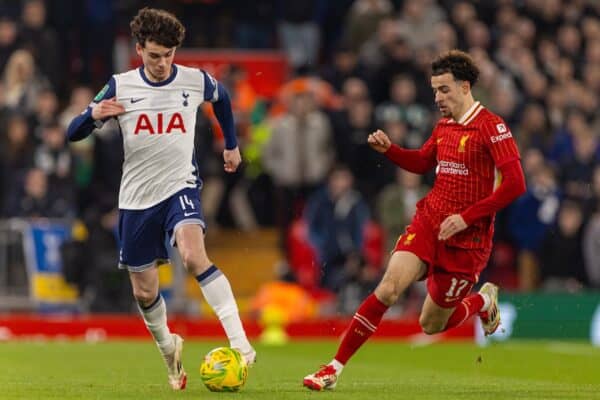 LIVERPOOL, ENGLAND - Thursday, February 6, 2025: Tottenham Hotspur's Archie Gray (L) and Liverpool's Curtis Jones during the Football League Cup Semi-Final 2nd Leg match between Liverpool FC and Tottenham Hotspur FC at Anfield. (Photo by David Rawcliffe/Propaganda)
