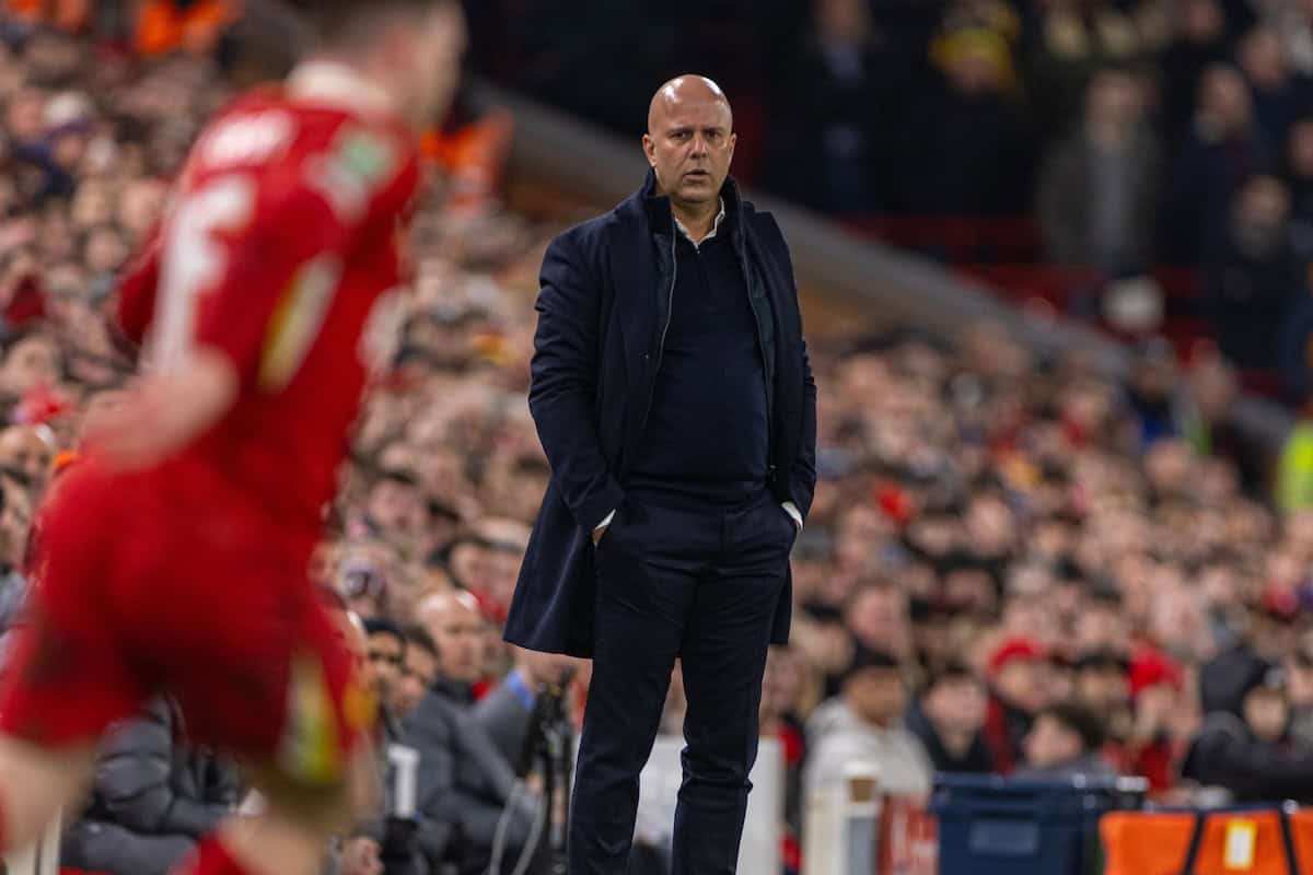 LIVERPOOL, ENGLAND - Thursday, February 6, 2025: Liverpool's head coach Arne Slot during the Football League Cup Semi-Final 2nd Leg match between Liverpool FC and Tottenham Hotspur FC at Anfield. (Photo by David Rawcliffe/Propaganda)
