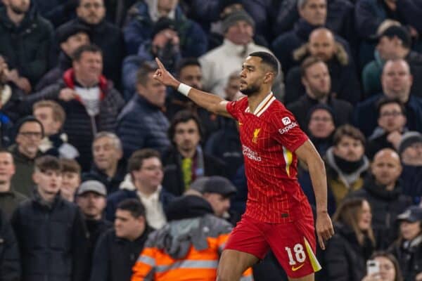 LIVERPOOL, ENGLAND - Thursday, February 6, 2025: Liverpool's Cody Gakpo celebrates after scoring the first goal during the Football League Cup Semi-Final 2nd Leg match between Liverpool FC and Tottenham Hotspur FC at Anfield. (Photo by David Rawcliffe/Propaganda)