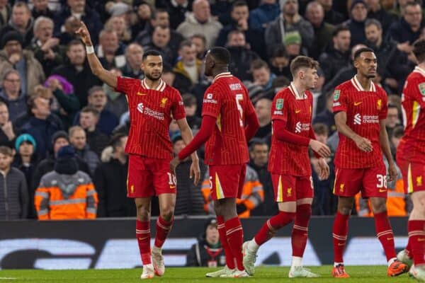 LIVERPOOL, ENGLAND - Thursday, February 6, 2025: Liverpool's Cody Gakpo celebrates after scoring the first goal during the Football League Cup Semi-Final 2nd Leg match between Liverpool FC and Tottenham Hotspur FC at Anfield. (Photo by David Rawcliffe/Propaganda)