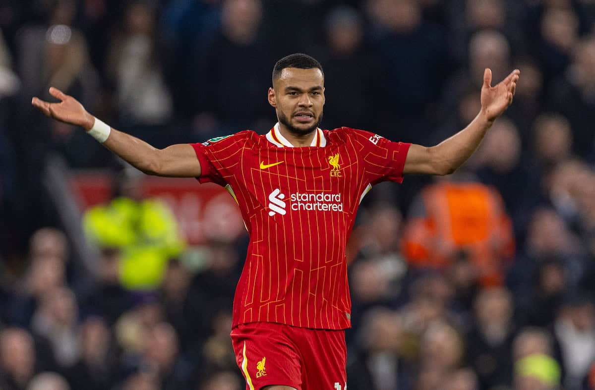 LIVERPOOL, ENGLAND - Thursday, February 6, 2025: Liverpool's Cody Gakpo celebrates after scoring the first goal during the Football League Cup Semi-Final 2nd Leg match between Liverpool FC and Tottenham Hotspur FC at Anfield. (Photo by David Rawcliffe/Propaganda)