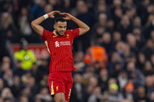 LIVERPOOL, ENGLAND - Thursday, February 6, 2025: Liverpool's Cody Gakpo celebrates after scoring the first goal during the Football League Cup Semi-Final 2nd Leg match between Liverpool FC and Tottenham Hotspur FC at Anfield. (Photo by David Rawcliffe/Propaganda)