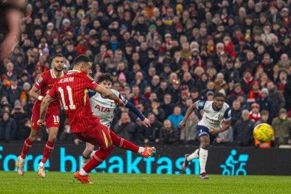 LIVERPOOL, ENGLAND - Thursday, February 6, 2025: Liverpool's Mohamed Salah scores the second goal from a penalty-kick during the Football League Cup Semi-Final 2nd Leg match between Liverpool FC and Tottenham Hotspur FC at Anfield. (Photo by David Rawcliffe/Propaganda)