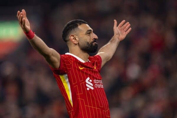 LIVERPOOL, ENGLAND - Thursday, February 6, 2025: Liverpool's Mohamed Salah celebrates after scoring his side's second goal from a penalty-kick during the Football League Cup Semi-Final 2nd Leg match between Liverpool FC and Tottenham Hotspur FC at Anfield. (Photo by David Rawcliffe/Propaganda)