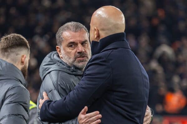 LIVERPOOL, ENGLAND - Thursday, February 6, 2025: tmn (L) and Liverpool's head coach Arne Slot during the Football League Cup Semi-Final 2nd Leg match between Liverpool FC and Tottenham Hotspur FC at Anfield. (Photo by David Rawcliffe/Propaganda)