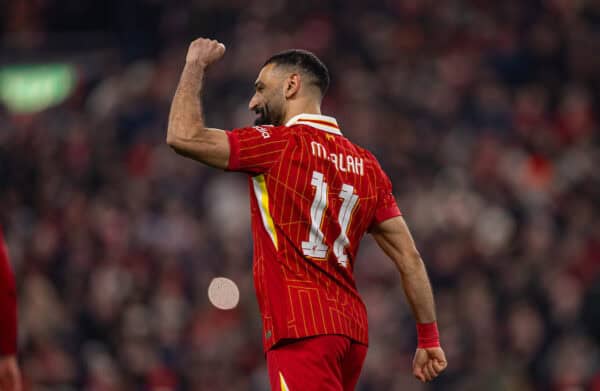 LIVERPOOL, ENGLAND - Thursday, February 6, 2025: Liverpool's Mohamed Salah celebrates after scoring his side's second goal from a penalty-kick during the Football League Cup Semi-Final 2nd Leg match between Liverpool FC and Tottenham Hotspur FC at Anfield. (Photo by David Rawcliffe/Propaganda)