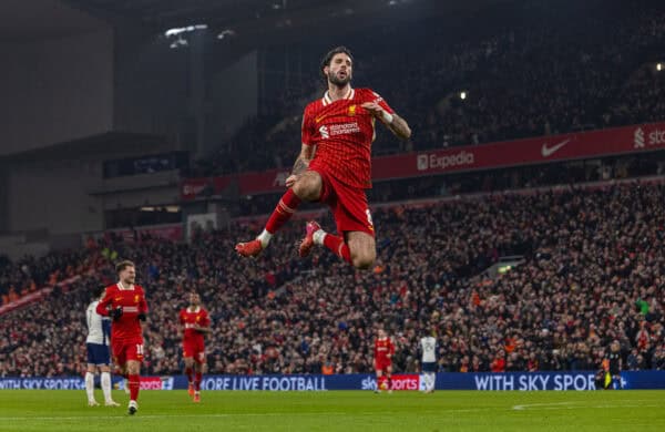 LIVERPOOL, ENGLAND - Thursday, February 6, 2025: Liverpool's Dominik Szoboszlai celebrates after scoring the third goal during the Football League Cup Semi-Final 2nd Leg match between Liverpool FC and Tottenham Hotspur FC at Anfield. (Photo by David Rawcliffe/Propaganda)