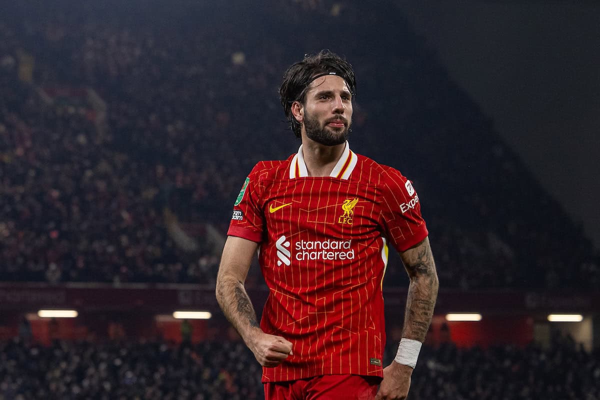 LIVERPOOL, ENGLAND - Thursday, February 6, 2025: Liverpool's Dominik Szoboszlai celebrates after scoring the third goal during the Football League Cup Semi-Final 2nd Leg match between Liverpool FC and Tottenham Hotspur FC at Anfield. (Photo by David Rawcliffe/Propaganda)
