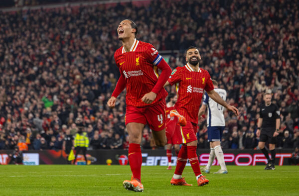 LIVERPOOL, ENGLAND - Thursday, February 6, 2025: Liverpool's captain Virgil van Dijk celebrates after scoring the fourth goal during the Football League Cup Semi-Final 2nd Leg match between Liverpool FC and Tottenham Hotspur FC at Anfield. (Photo by David Rawcliffe/Propaganda)