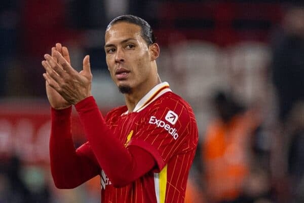 LIVERPOOL, ENGLAND - Thursday, February 6, 2025: Liverpool's captain Virgil van Dijk applauds the supporters as he is substituted during the Football League Cup Semi-Final 2nd Leg match between Liverpool FC and Tottenham Hotspur FC at Anfield. (Photo by David Rawcliffe/Propaganda)