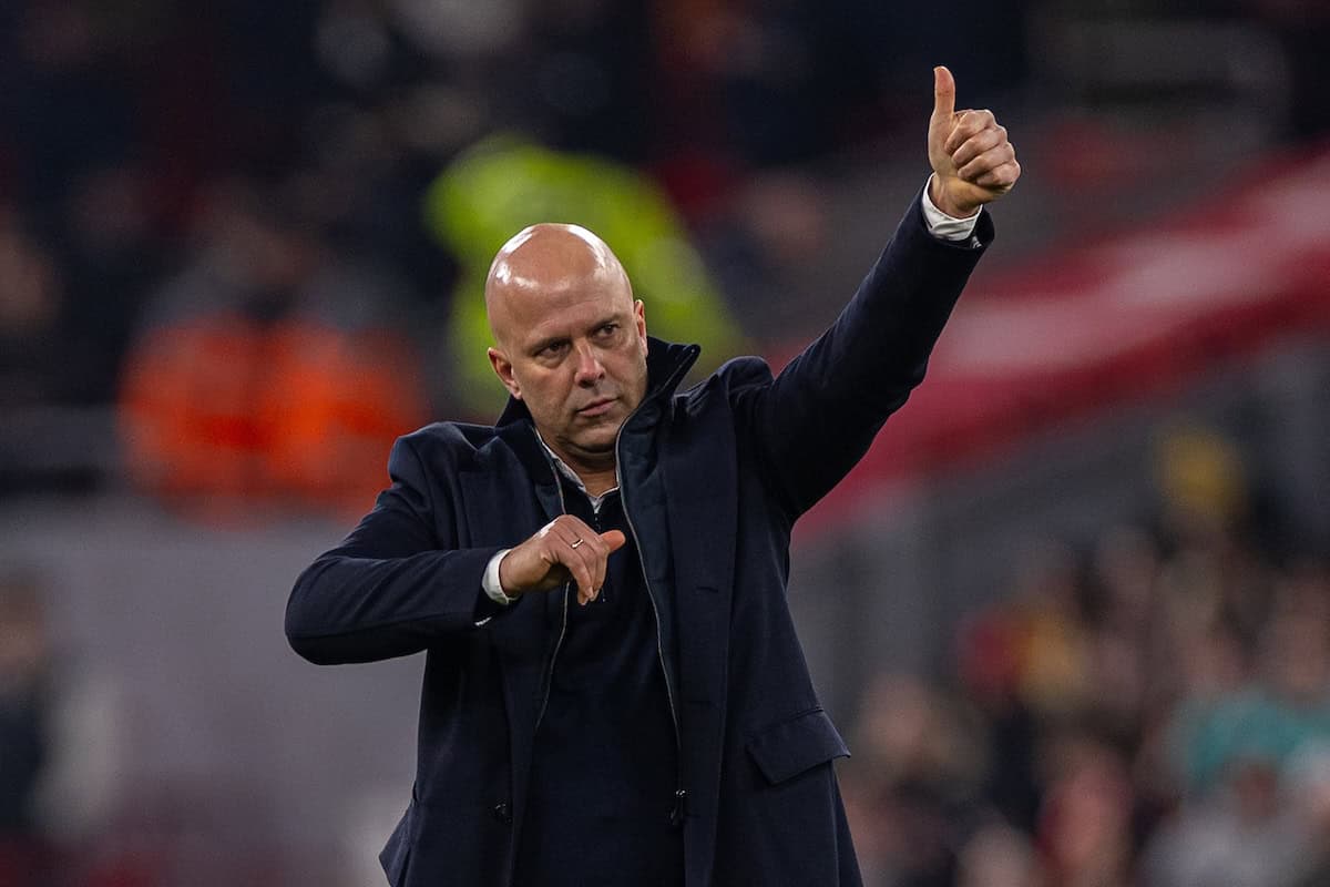 LIVERPOOL, ENGLAND - Thursday, February 6, 2025: Liverpool's head coach Arne Slot celebrates after the Football League Cup Semi-Final 2nd Leg match between Liverpool FC and Tottenham Hotspur FC at Anfield. (Photo by David Rawcliffe/Propaganda)