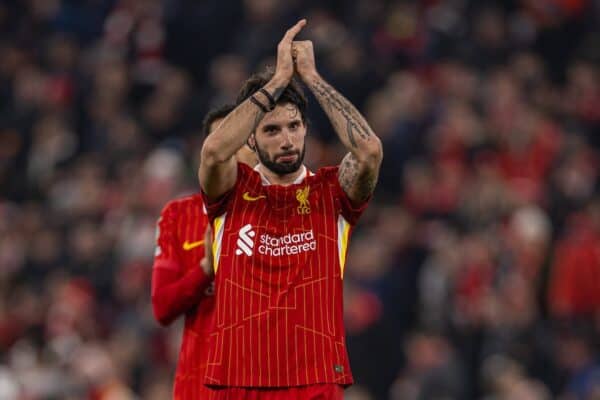 LIVERPOOL, ENGLAND - Thursday, February 6, 2025: Liverpool's Dominik Szoboszlai celebrates after the Football League Cup Semi-Final 2nd Leg match between Liverpool FC and Tottenham Hotspur FC at Anfield. (Photo by David Rawcliffe/Propaganda)