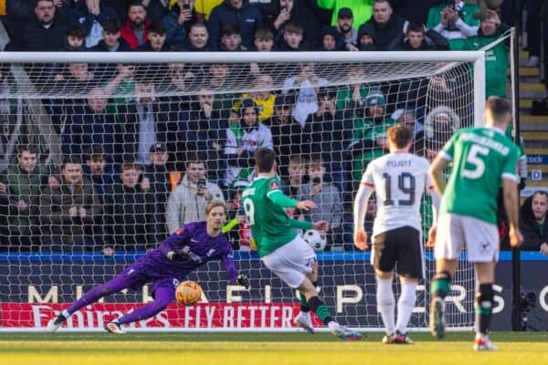 PLYMOUTH, ENGLAND - Sunday, February 9, 2025: Liverpool's goalkeeper Caoimhin Kelleher is beaten as Plymouth Argyle's Ryan Hardie scores the opening goal from a penalty-kick during the FA Cup 4th Round match between Plymouth Argyle FC and Liverpool FC at Home Park. (Photo by David Rawcliffe/Propaganda)