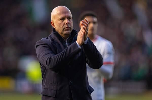 PLYMOUTH, ENGLAND - Sunday, February 9, 2025: Liverpool's head coach Arne Slot applauds the supporters after the FA Cup 4th Round match between Plymouth Argyle FC and Liverpool FC at Home Park. (Photo by David Rawcliffe/Propaganda)