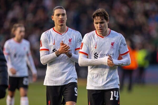 PLYMOUTH, ENGLAND - Sunday, February 9, 2025: Liverpool's Darwin Núñez (L) and Federico Chiesa walk off after the FA Cup 4th Round match between Plymouth Argyle FC and Liverpool FC at Home Park. (Photo by David Rawcliffe/Propaganda)