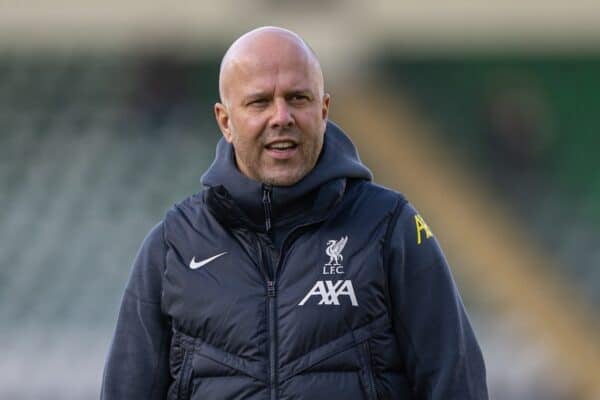 PLYMOUTH, ENGLAND - Sunday, February 9, 2025: Liverpool's head coach Arne Slot on the pitch before the FA Cup 4th Round match between Plymouth Argyle FC and Liverpool FC at Home Park. (Photo by David Rawcliffe/Propaganda)