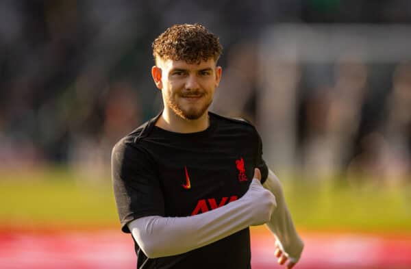 PLYMOUTH, ENGLAND - Sunday, February 9, 2025: Liverpool's Harvey Elliott during the pre-match warm-up before the FA Cup 4th Round match between Plymouth Argyle FC and Liverpool FC at Home Park. (Photo by David Rawcliffe/Propaganda)