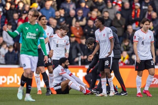 PLYMOUTH, ENGLAND - Sunday, February 9, 2025: Liverpool's Joe Gomez goes down with an injury during the FA Cup 4th Round match between Plymouth Argyle FC and Liverpool FC at Home Park. (Photo by David Rawcliffe/Propaganda)