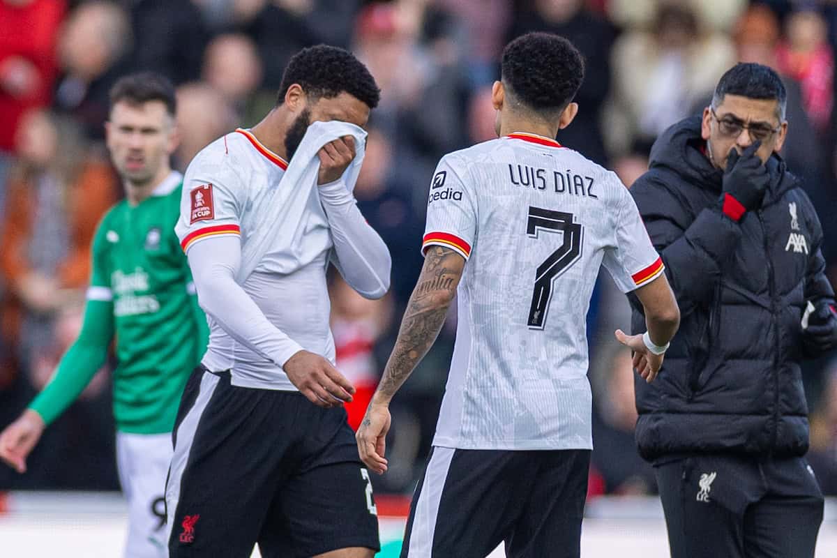 PLYMOUTH, ENGLAND - Sunday, February 9, 2025: Liverpool's Joe Gomez goes off with an injury during the FA Cup 4th Round match between Plymouth Argyle FC and Liverpool FC at Home Park. (Photo by David Rawcliffe/Propaganda)