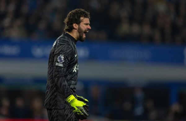 LIVERPOOL, ENGLAND - Wednesday, February 12, 2025: Liverpool's goalkeeper Alisson Becker during the FA Premier League match between Everton FC and Liverpool FC, the 245th Merseyside Derby and the last one at Goodison Park. (Photo by David Rawcliffe/Propaganda)