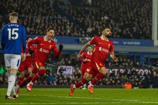 LIVERPOOL, ENGLAND - Wednesday, February 12, 2025: Liverpool's Mohamed Salah celebrates after scoring his side's second goal during the FA Premier League match between Everton FC and Liverpool FC, the 245th Merseyside Derby and the last one at Goodison Park. (Photo by David Rawcliffe/Propaganda)