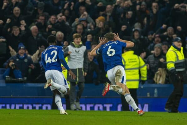 LIVERPOOL, ENGLAND - Wednesday, February 12, 2025: Everton's James Tarkowski celebrates after scoring his side's second goal during the FA Premier League match between Everton FC and Liverpool FC, the 245th Merseyside Derby and the last one at Goodison Park. (Photo by David Rawcliffe/Propaganda)