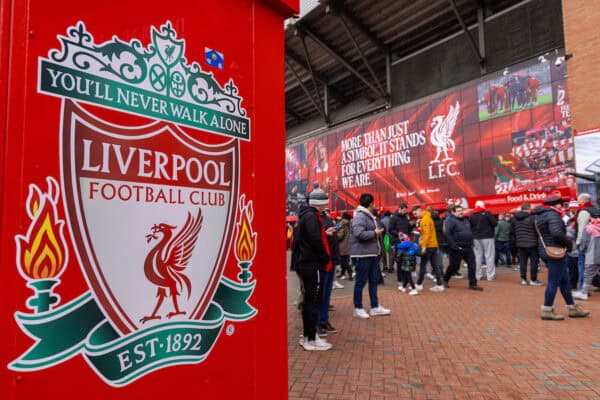LIVERPOOL, ENGLAND - Sunday, February 16, 2025: Supporters outside the Spion Kop before the FA Premier League match between Liverpool FC and Wolverhampton Wanderers FC at Anfield. (Photo by David Rawcliffe/Propaganda)