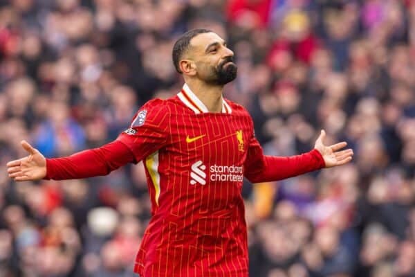 LIVERPOOL, ENGLAND - Sunday, February 16, 2025: Liverpool's Mohamed Salah celebrates after scoring the second goal during the FA Premier League match between Liverpool FC and Wolverhampton Wanderers FC at Anfield. (Photo by David Rawcliffe/Propaganda)