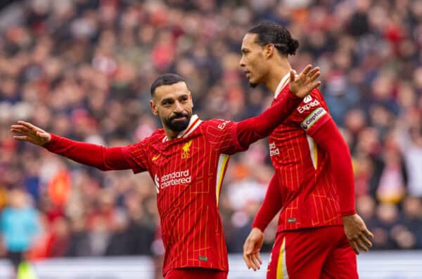 LIVERPOOL, ENGLAND - Sunday, February 16, 2025: Liverpool's Mohamed Salah celebrates after scoring the second goal during the FA Premier League match between Liverpool FC and Wolverhampton Wanderers FC at Anfield. (Photo by David Rawcliffe/Propaganda)