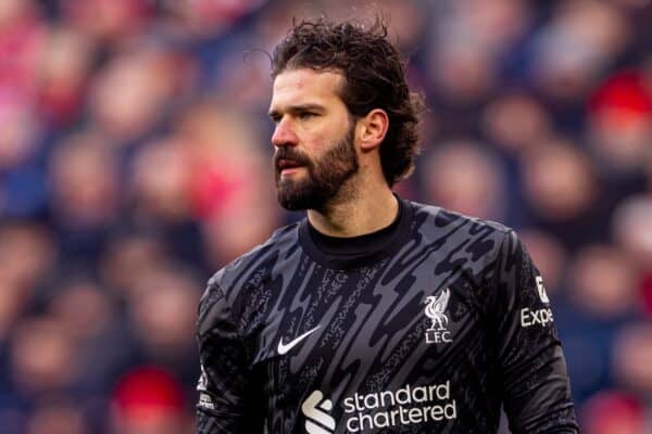 LIVERPOOL, ENGLAND - Sunday, February 16, 2025: Liverpool's goalkeeper Alisson Becker during the FA Premier League match between Liverpool FC and Wolverhampton Wanderers FC at Anfield. (Photo by David Rawcliffe/Propaganda)