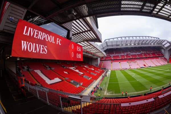 LIVERPOOL, ENGLAND - Sunday, February 16, 2025: Liverpool's scoreboard debuts a new font ahead of the FA Premier League match between Liverpool FC and Wolverhampton Wanderers FC at Anfield. (Photo by David Rawcliffe/Propaganda)