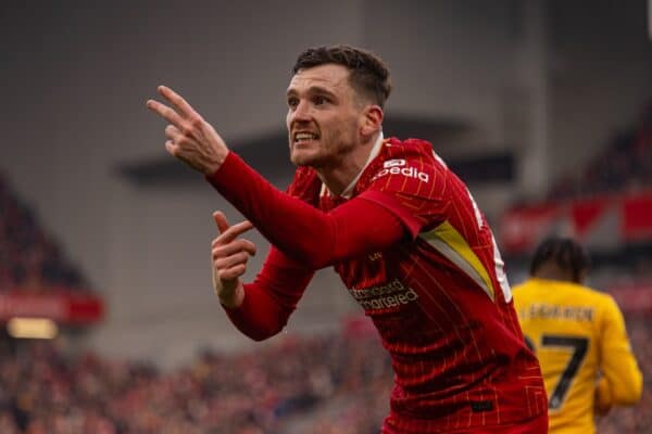 LIVERPOOL, ENGLAND - Sunday, February 16, 2025: Liverpool's Andy Robertson during the FA Premier League match between Liverpool FC and Wolverhampton Wanderers FC at Anfield. (Photo by David Rawcliffe/Propaganda)