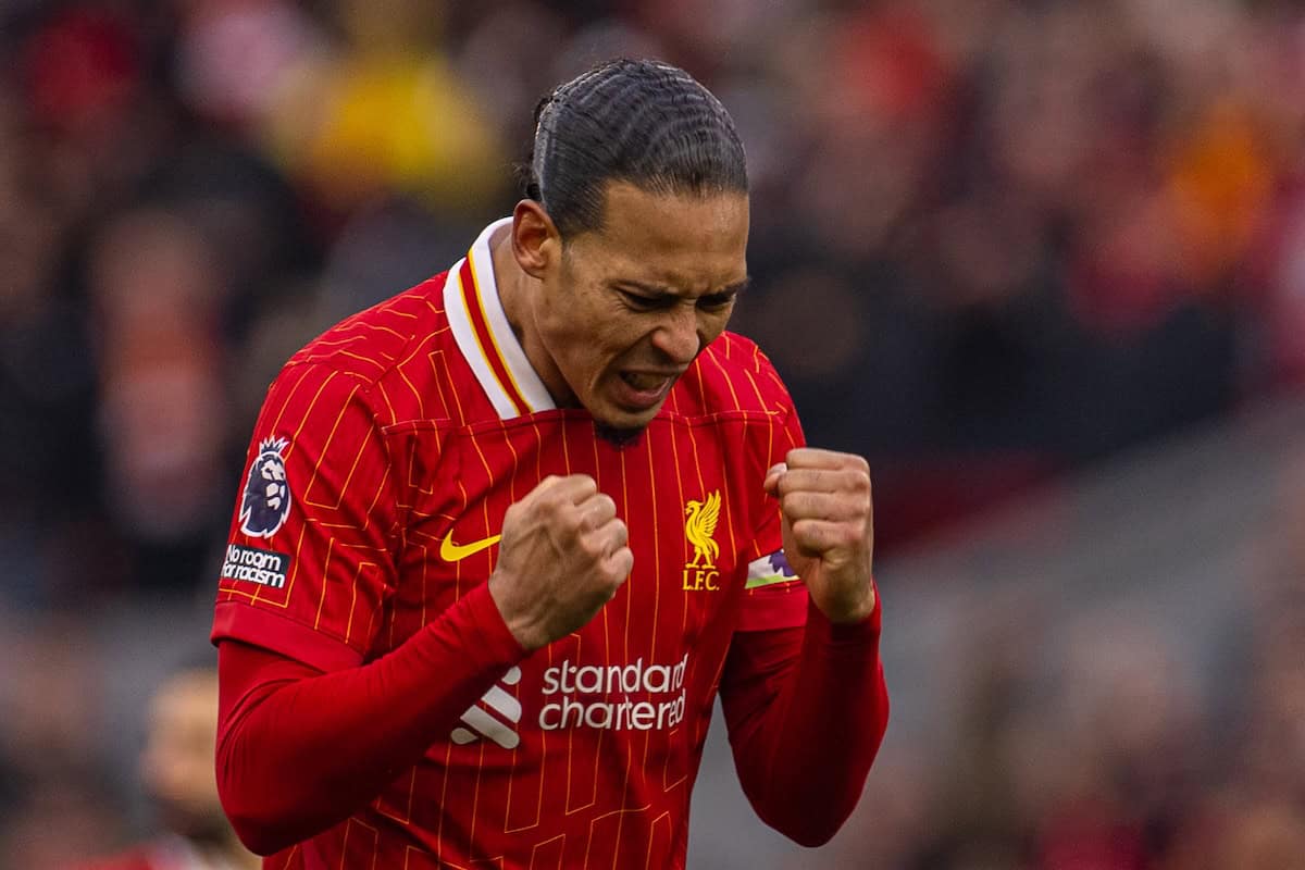 LIVERPOOL, ENGLAND - Sunday, February 16, 2025: Liverpool's captain Virgil van Dijk celebrates at the final whistle during the FA Premier League match between Liverpool FC and Wolverhampton Wanderers FC at Anfield. Liverpool won 2-1. (Photo by David Rawcliffe/Propaganda)