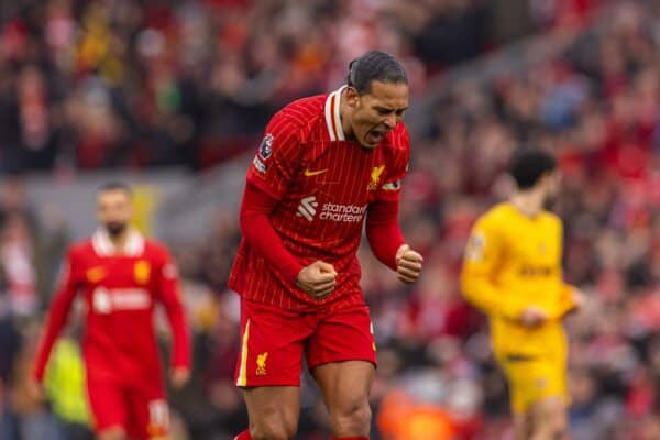 LIVERPOOL, ENGLAND - Sunday, February 16, 2025: Liverpool's captain Virgil van Dijk celebrates at the final whistle during the FA Premier League match between Liverpool FC and Wolverhampton Wanderers FC at Anfield. Liverpool won 2-1. (Photo by David Rawcliffe/Propaganda)