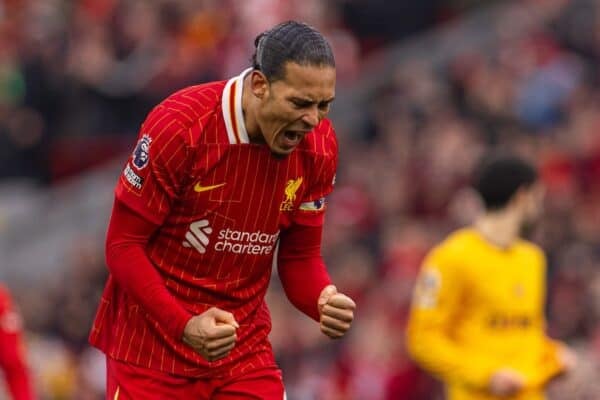 LIVERPOOL, ENGLAND - Sunday, February 16, 2025: Liverpool's captain Virgil van Dijk celebrates at the final whistle during the FA Premier League match between Liverpool FC and Wolverhampton Wanderers FC at Anfield. Liverpool won 2-1. (Photo by David Rawcliffe/Propaganda)