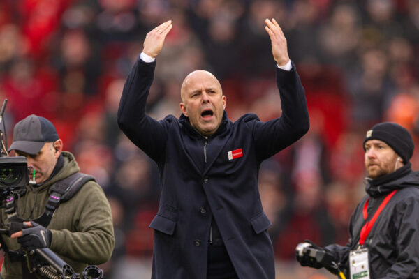 LIVERPOOL, ENGLAND - Sunday, February 16, 2025: Liverpool's head coach Arne Slot celebrates at the final whistle during the FA Premier League match between Liverpool FC and Wolverhampton Wanderers FC at Anfield. Liverpool won 2-1. (Photo by David Rawcliffe/Propaganda)