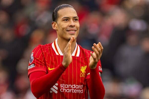 LIVERPOOL, ENGLAND - Sunday, February 16, 2025: Liverpool's captain Virgil van Dijk celebrates at the final whistle during the FA Premier League match between Liverpool FC and Wolverhampton Wanderers FC at Anfield. Liverpool won 2-1. (Photo by David Rawcliffe/Propaganda)